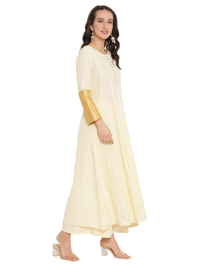 Women's Cream Crepe Solid Anarkali Kurta Palazzo Set With Printed Dupatta