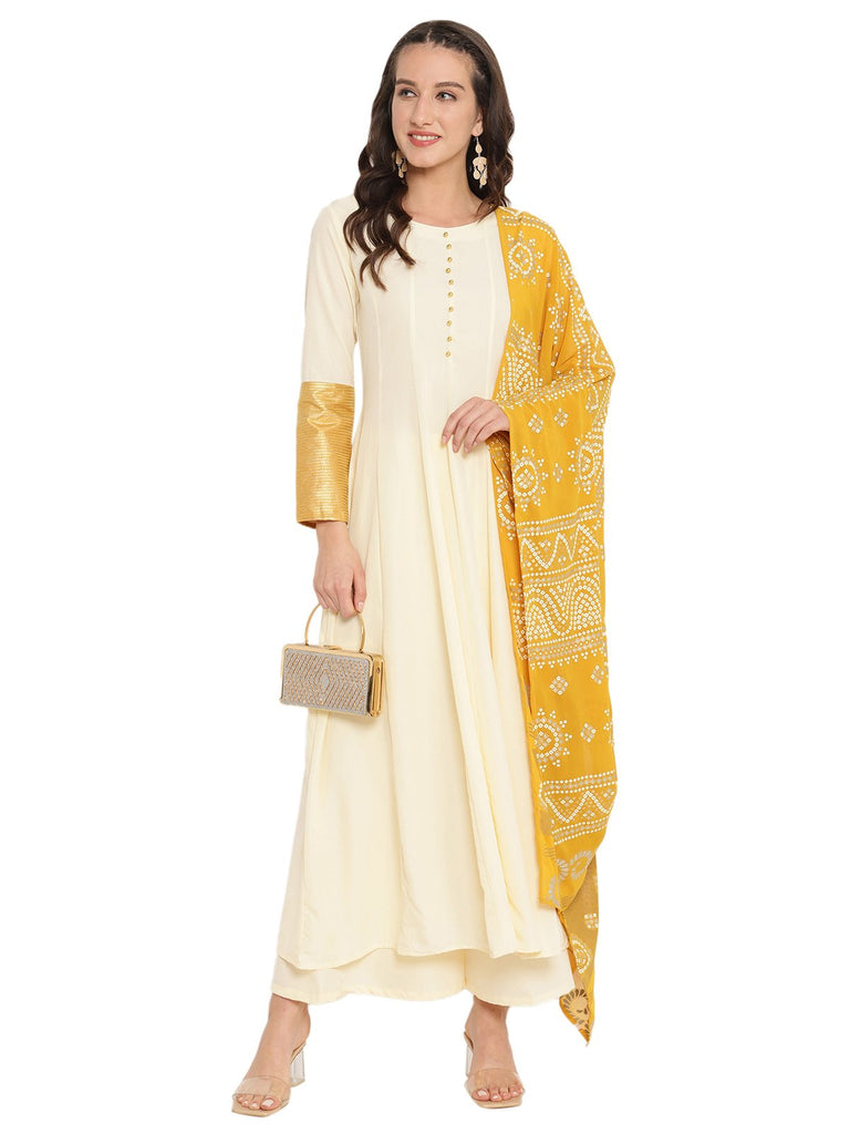 Women's Cream Crepe Solid Anarkali Kurta Palazzo Set With Printed Dupatta