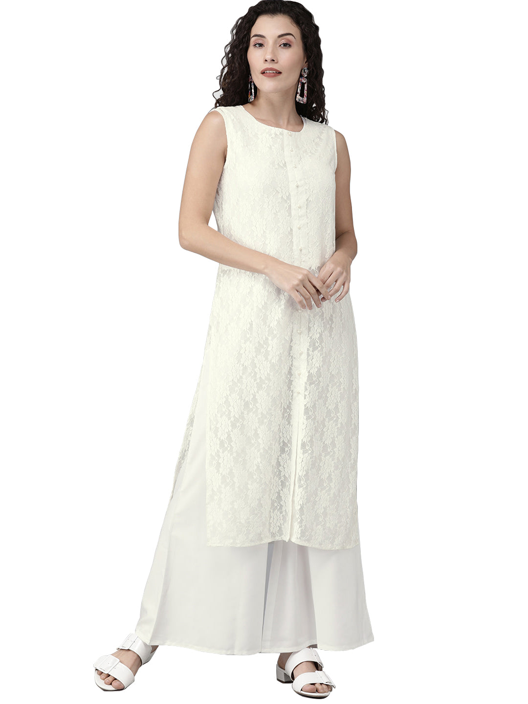 Women's White Embellished Kurta With Palazzo Set  - Ahalyaa