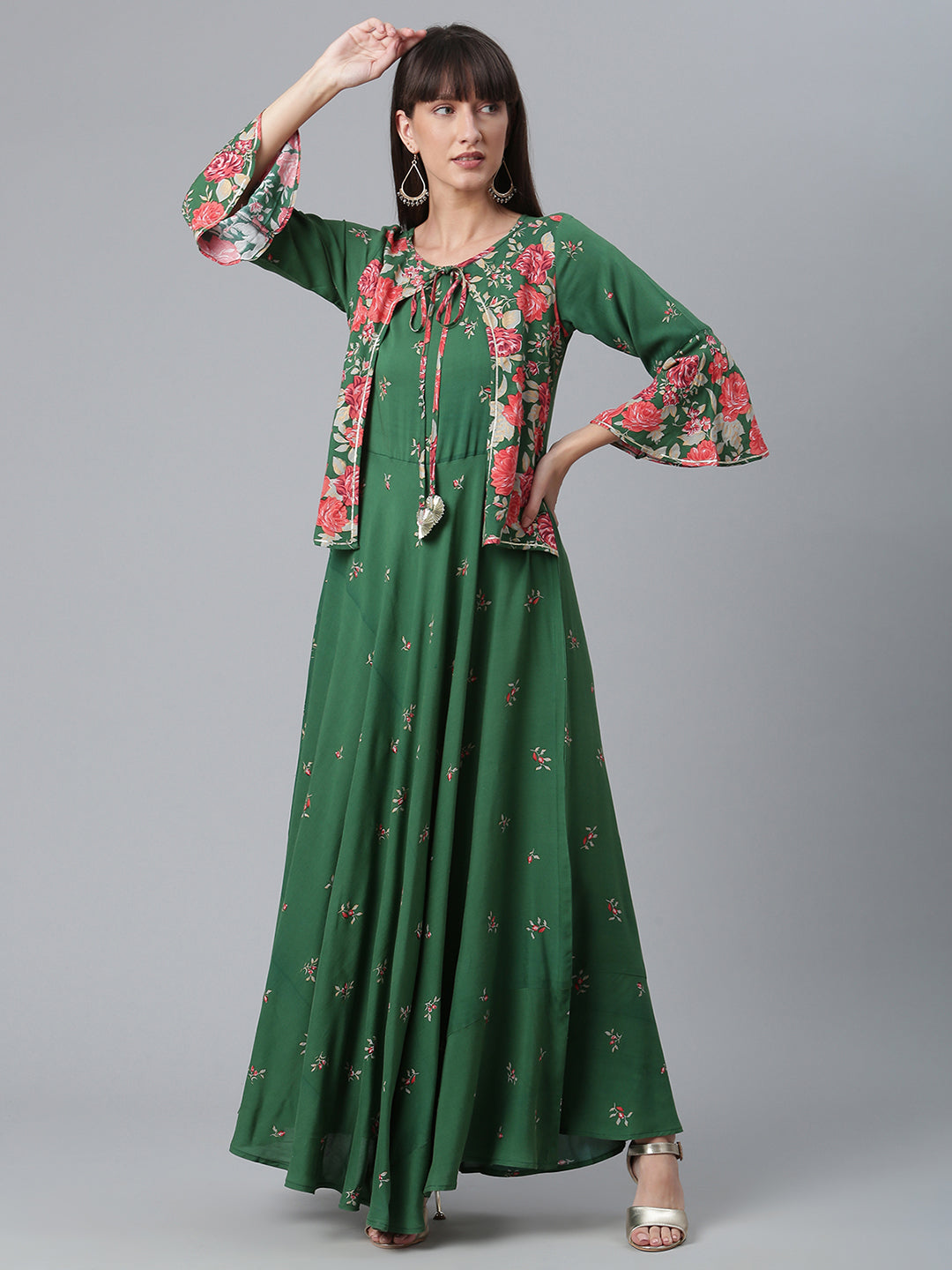 Women's Viscose Rayon Green Floral Wax Printed Kurta - Ahalyaa