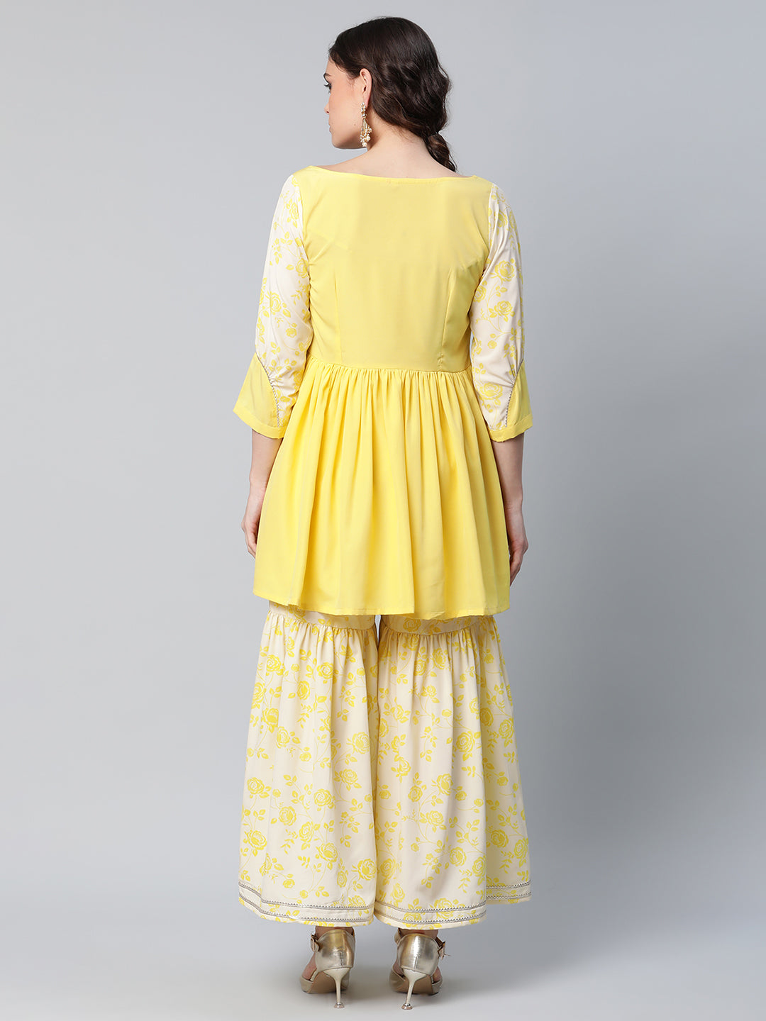 Women's Yellow Crepe Floral Short Kurta With Sharara Set - Ahalyaa