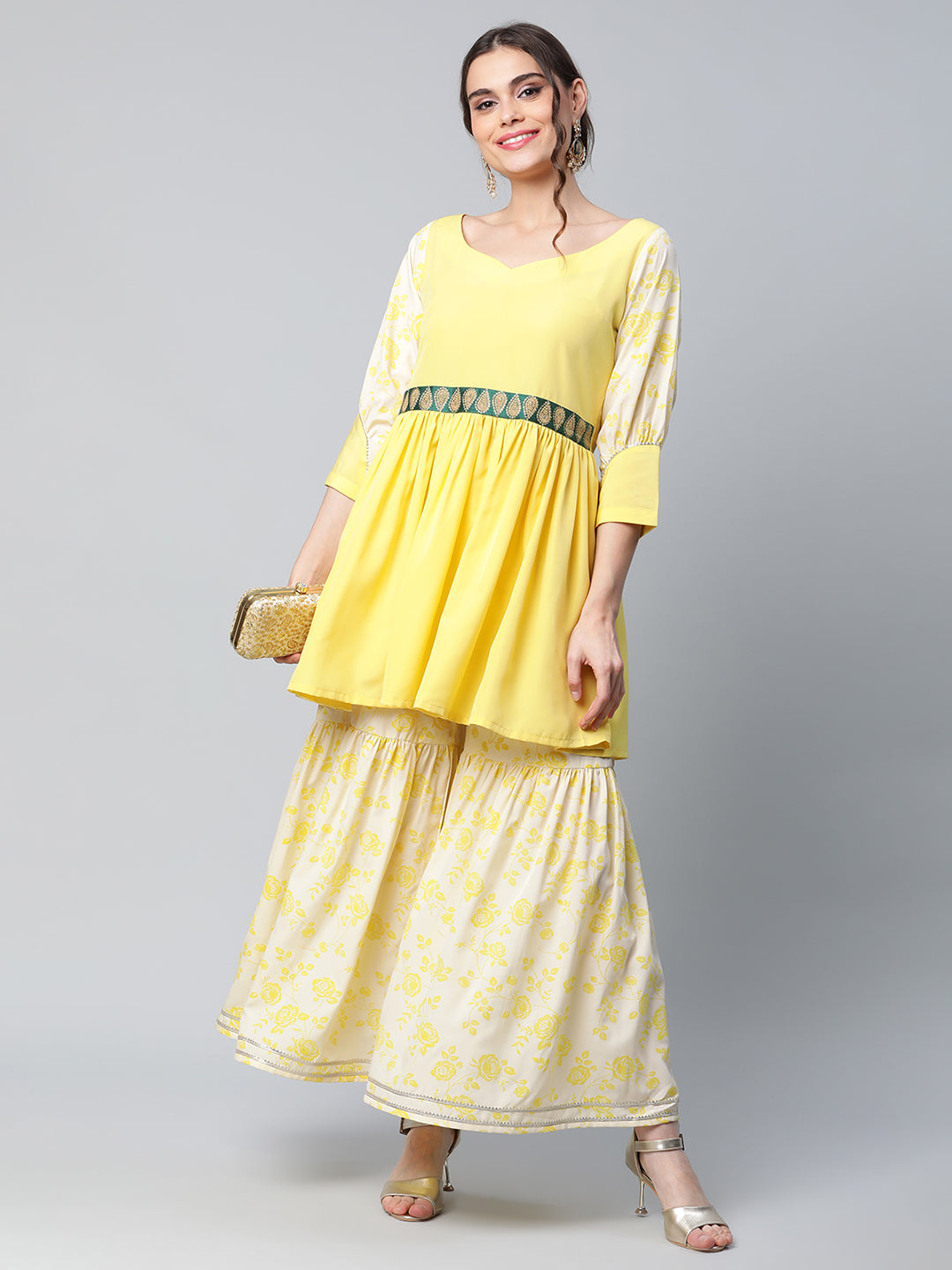 Women's Yellow Crepe Floral Short Kurta With Sharara Set - Ahalyaa