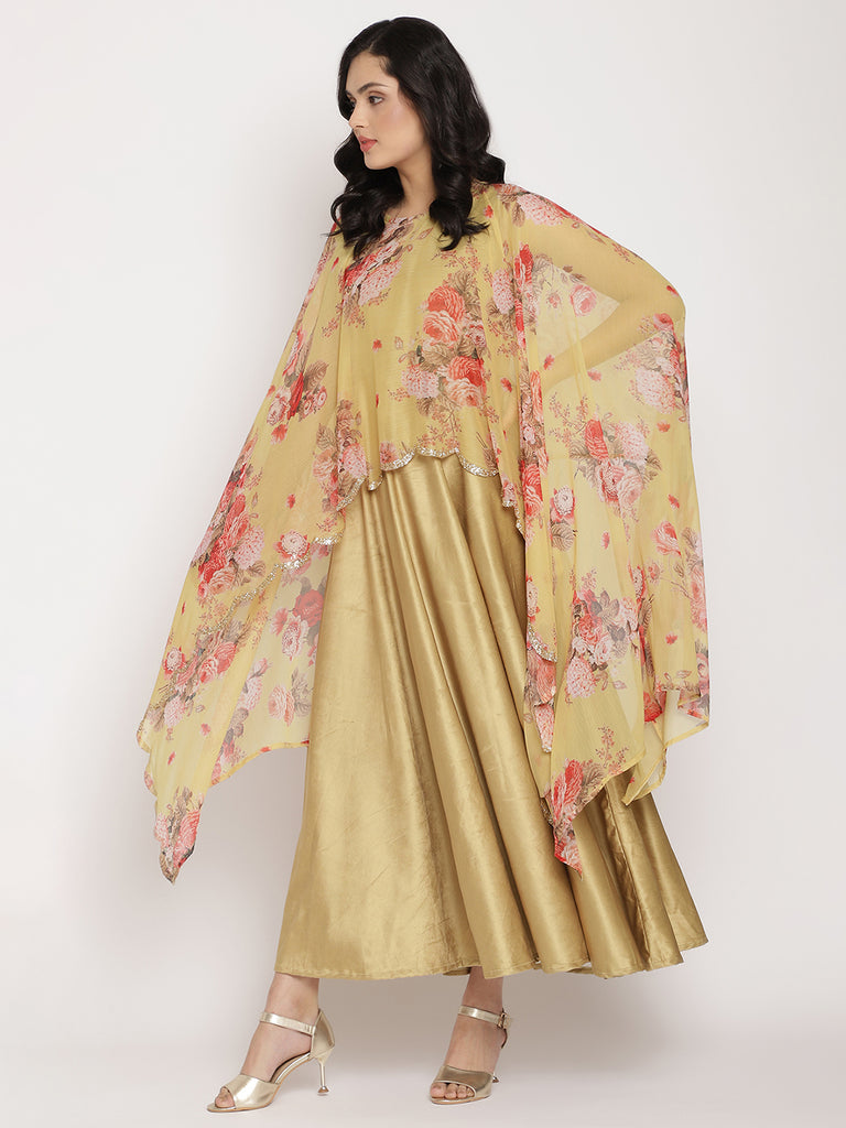 Women's Mustard Color Velvet Kurta With Attached Printed Dupatt