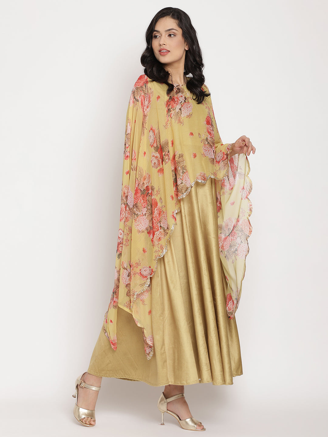 Women's Mustard Color Velvet Kurta With Attached Printed Dupatta- Ahalyaa
