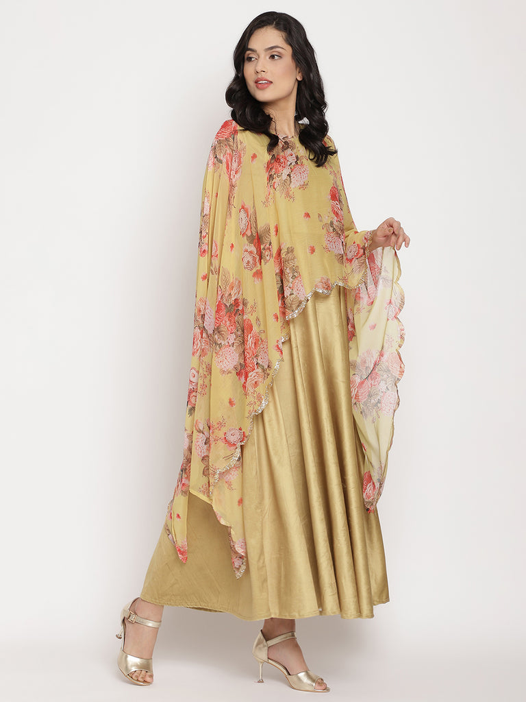 Women's Mustard Color Velvet Kurta With Attached Printed Dupatt