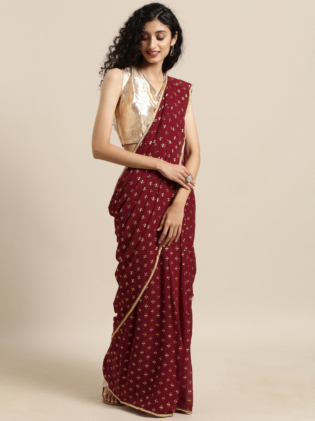 Women's Maroon Georgette Gold Foil Print Ready To Wear Saree  - Ahalyaa