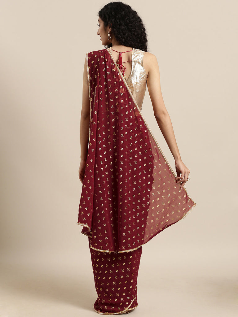 Women's Maroon Georgette Gold Foil Print Ready To Wear Saree
