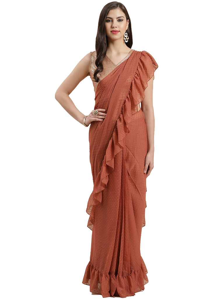 Women's Rusty Rose Booti Chiffon Ruffles Ready To Wear Saree