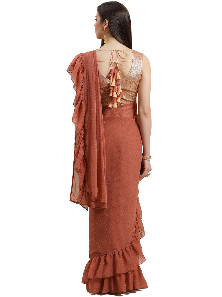 Women's Rusty Rose Booti Chiffon Ruffles Ready To Wear Saree