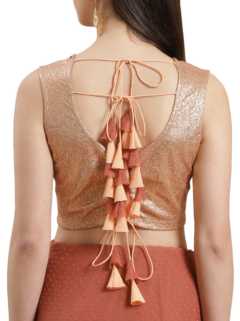 Women's Rusty Rose Booti Chiffon Ruffles Ready To Wear Saree