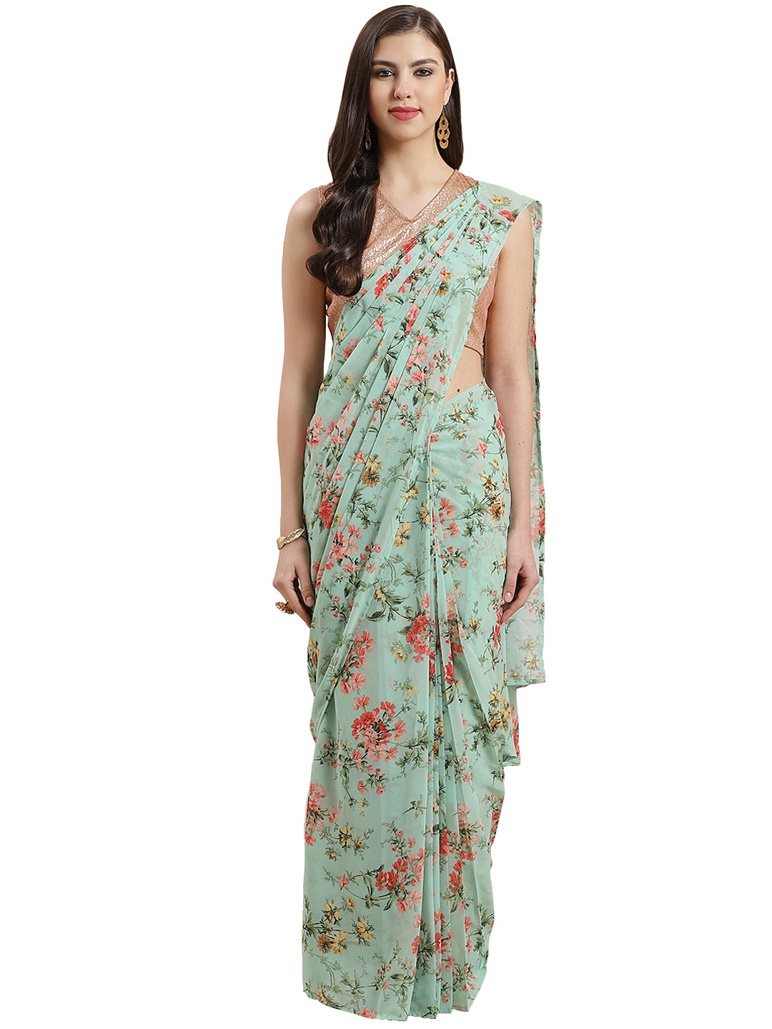 Women's Light Green Georgette Floral Print Ready To Wear Saree  - Ahalyaa