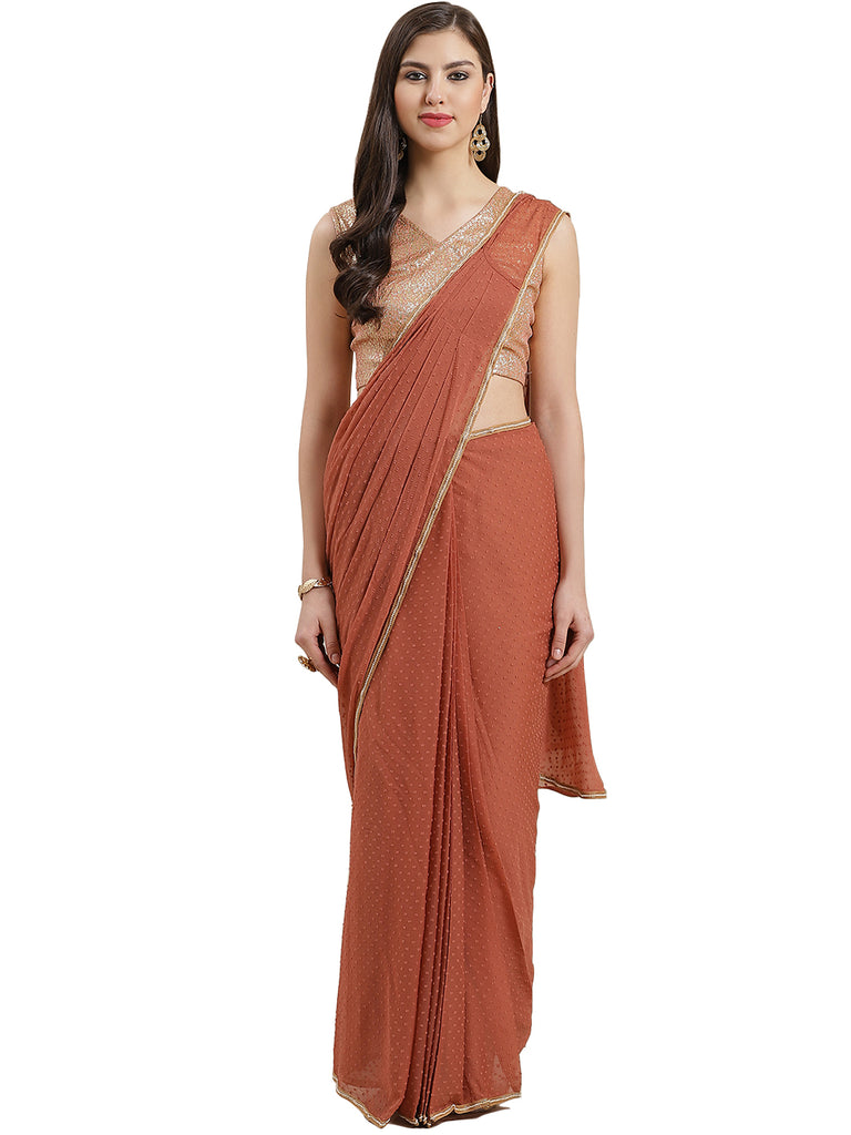 Women's Rusty Rose Butta Chiffon Ready To Wear Saree