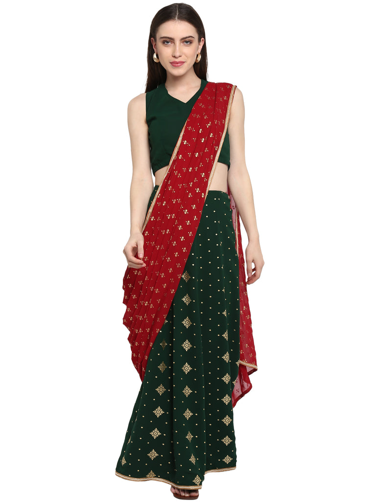Women's Dark Greem Georgette Printed Ready To Wear Saree