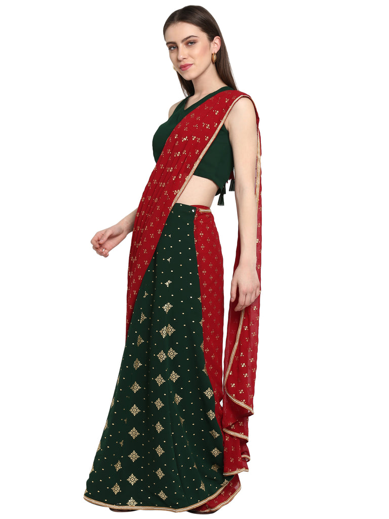 Women's Dark Greem Georgette Printed Ready To Wear Saree