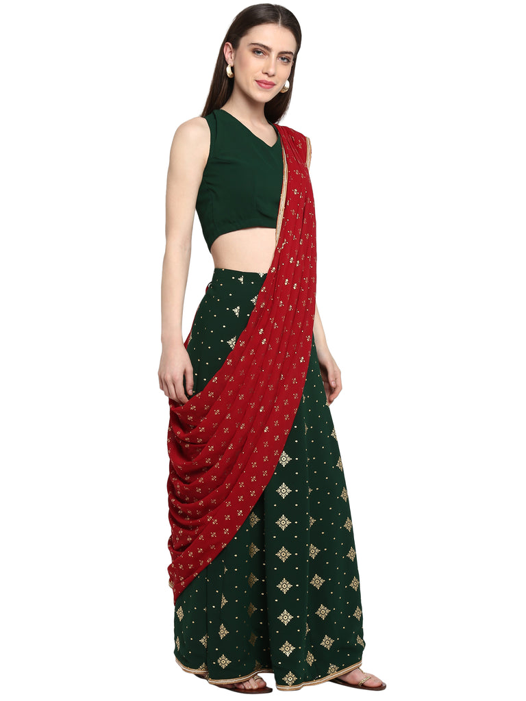 Women's Dark Greem Georgette Printed Ready To Wear Saree