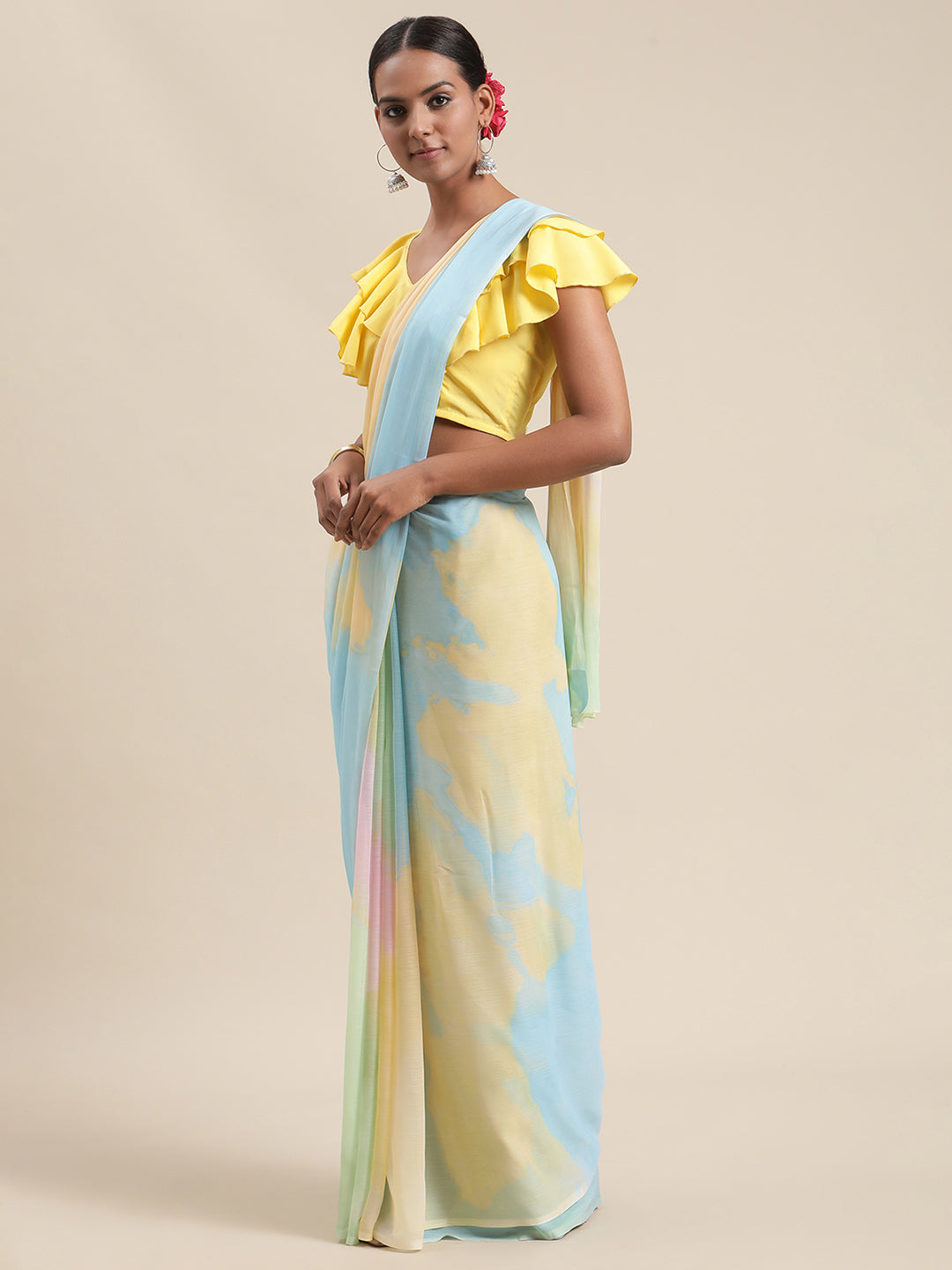 Women's Turquoise Colour Chiffon Digital Print Saree - Ahalyaa