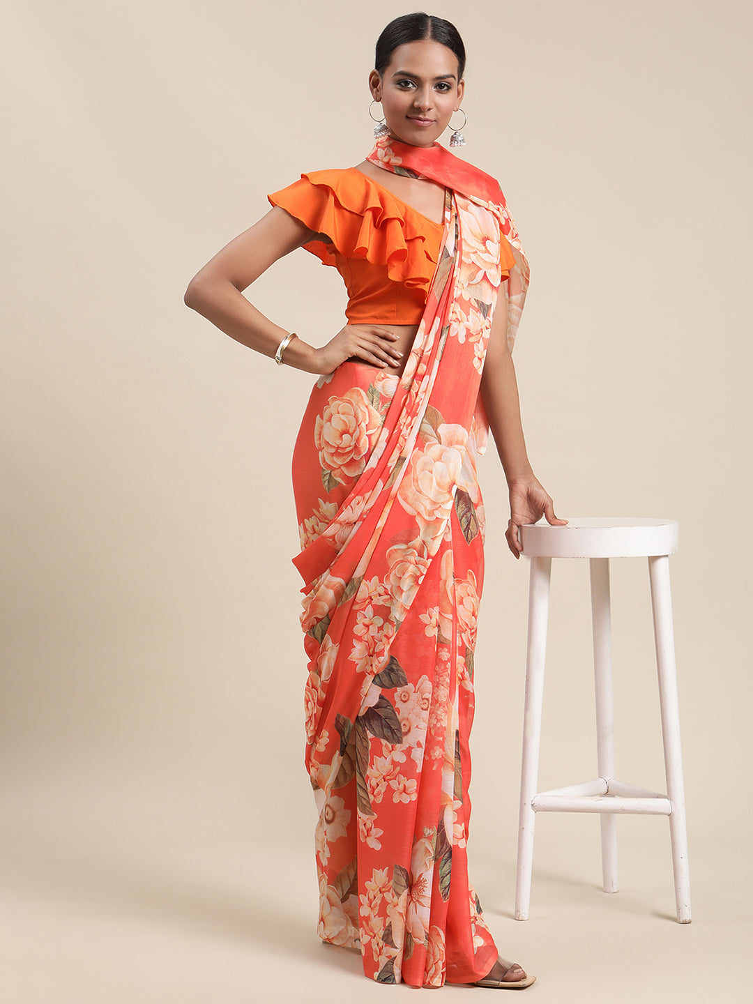 Women's Orange Colour Chiffon Digital Print Floral Saree - Ahalyaa