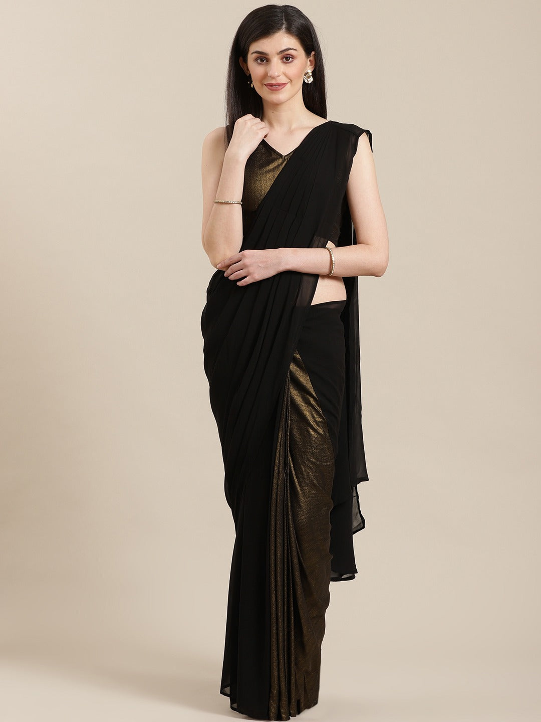 Women's Black Georgette Gold Coated Ready To Wear Saree  - Ahalyaa