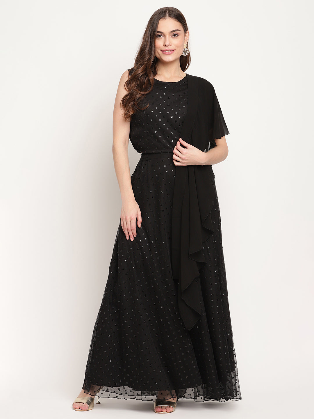 Women's Black Net Glitter Print Top Skirt Set With Dupatta - Ahalyaa