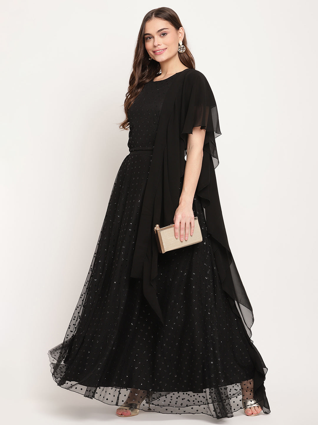 Women's Black Net Glitter Print Top Skirt Set With Dupatta - Ahalyaa