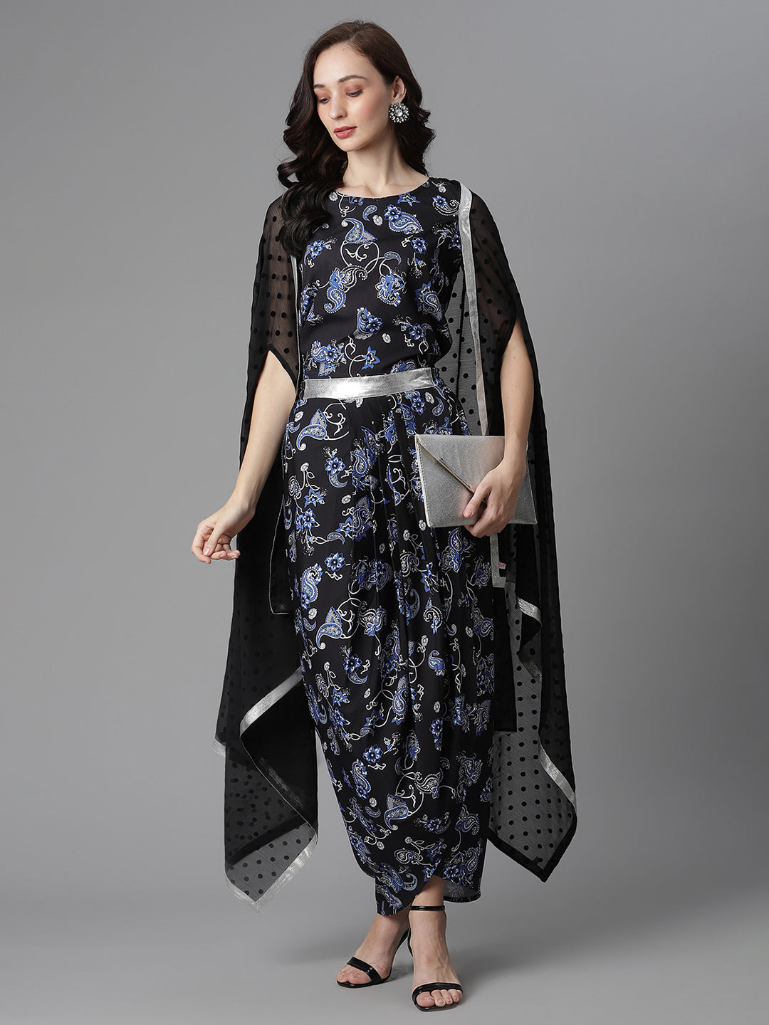 Women's Black Crepe Printed Top, Skirt & Shrug By Ahalyaa - 3Pc Set