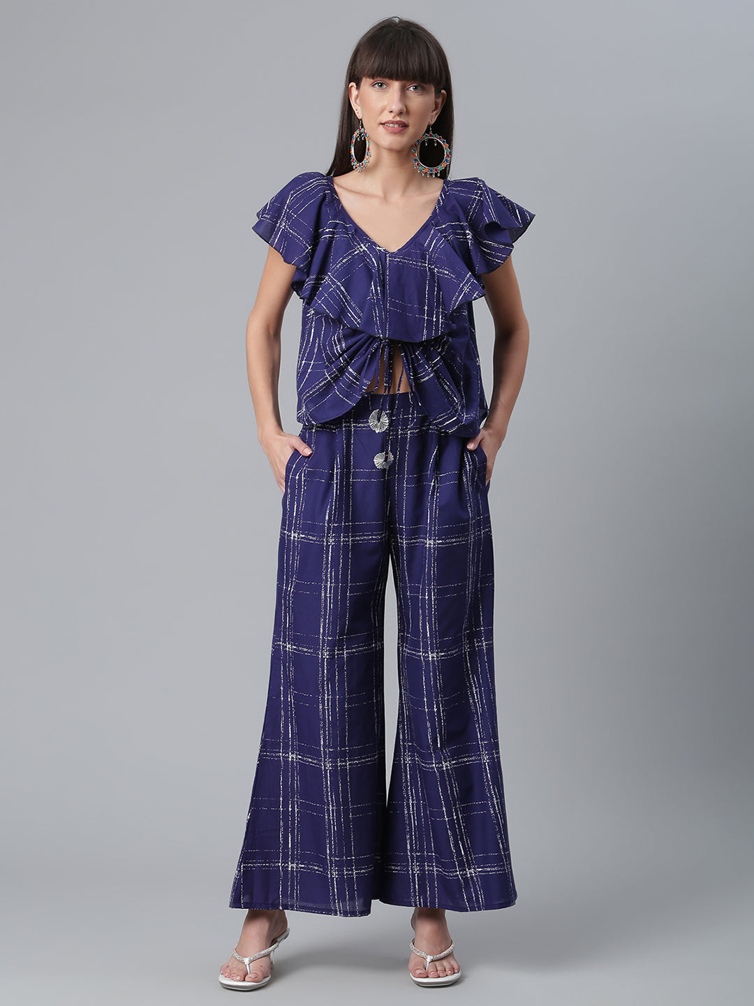 Women's Navy Blue & Off-White Pure Cotton Checked Top With Palazzos - Ahalyaa