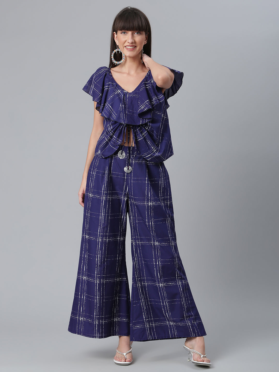 Women's Navy Blue & Off-White Pure Cotton Checked Top With Palazzos - Ahalyaa
