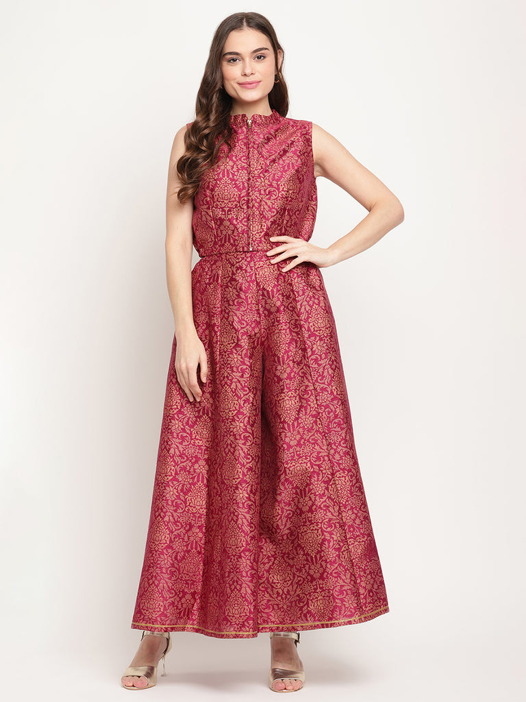 Women's Burgundy Floral Printed Regular Top With Palazzos