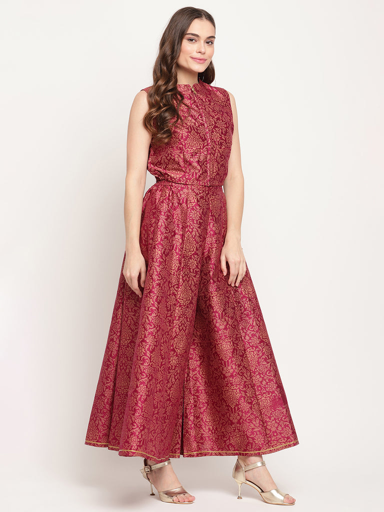 Women's Burgundy Floral Printed Regular Top With Palazzos