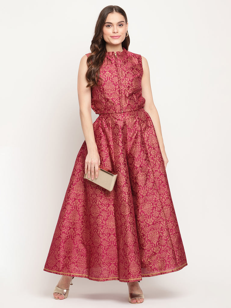 Women's Burgundy Floral Printed Regular Top With Palazzos
