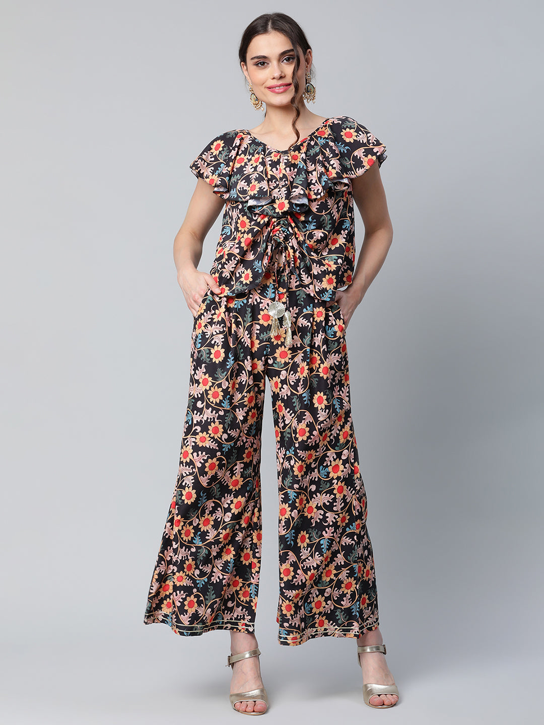 Women's Floral Print Top With Palazzo Set By Ahalyaa- 2 Pc Set