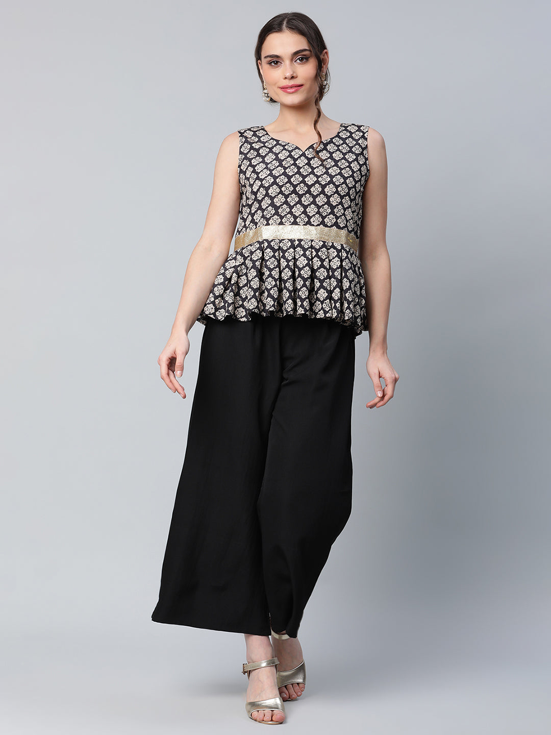 Women's Black Printed Top With Palazzo Set By Ahaalya -2Pc Set