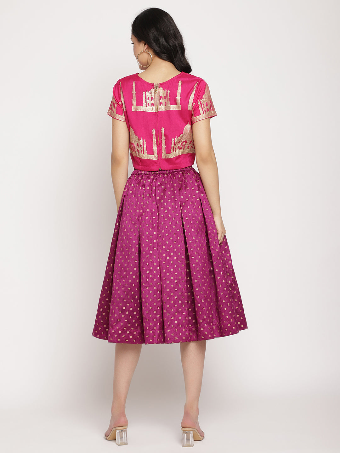 Women's Pink Poly Silk Gold Foil Print Top With Skirt Set - Ahalyaa