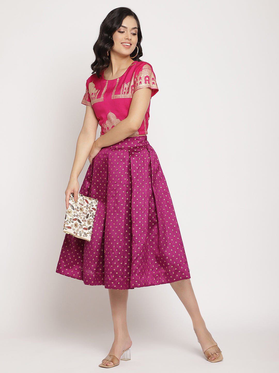 Women's Pink Poly Silk Gold Foil Print Top With Skirt Set - Ahalyaa