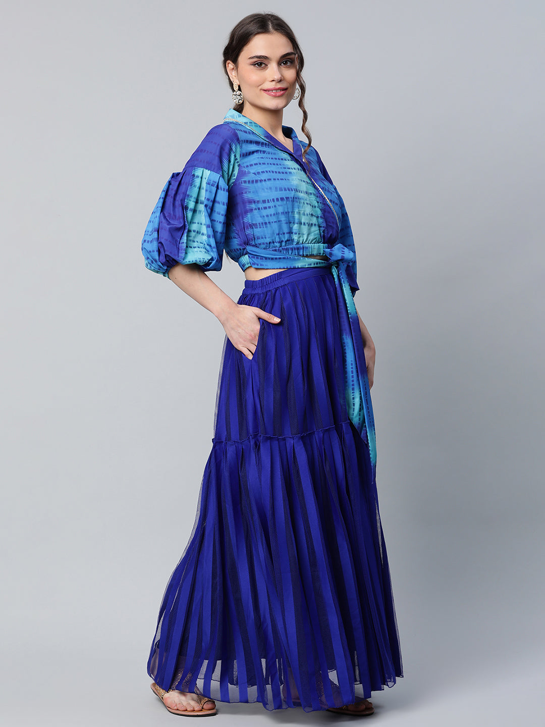 Women's Blue Printed Top With Skirt By Ahalyaa- 2 Pc Set