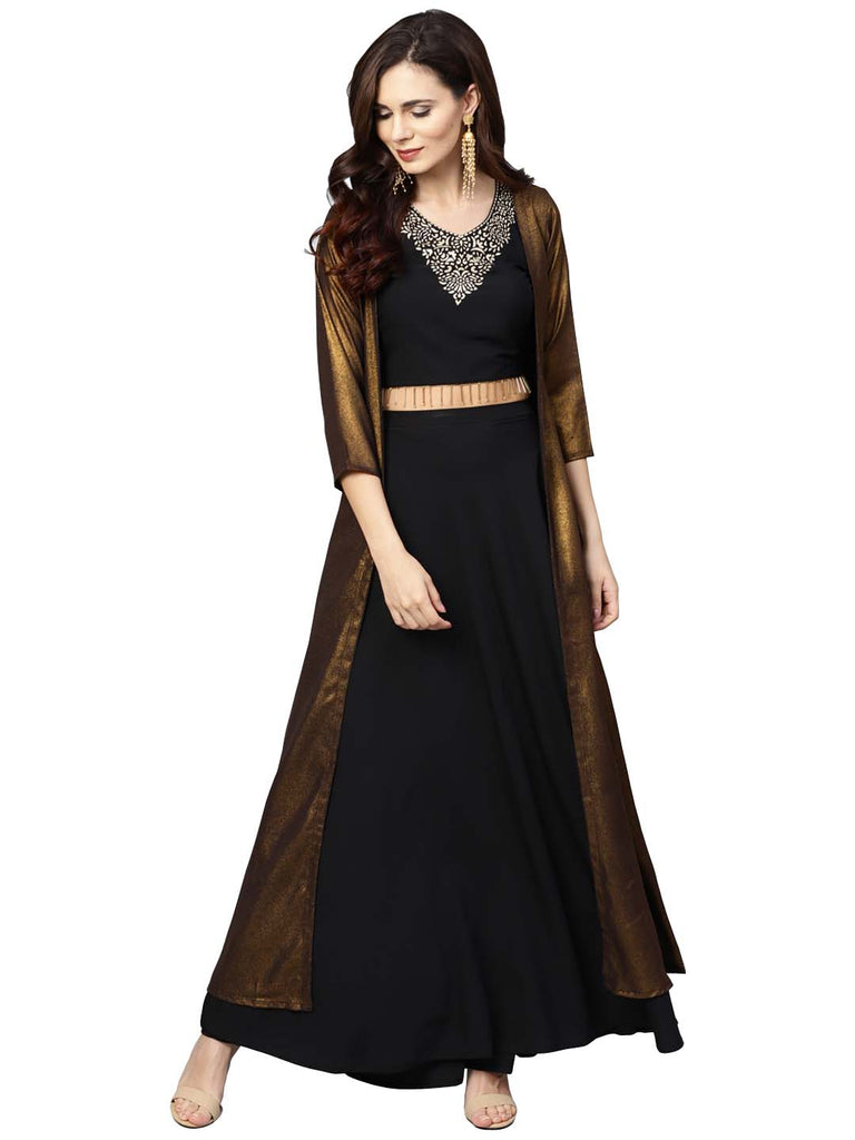 Women's Black Crepe Top Skirt With Jacke