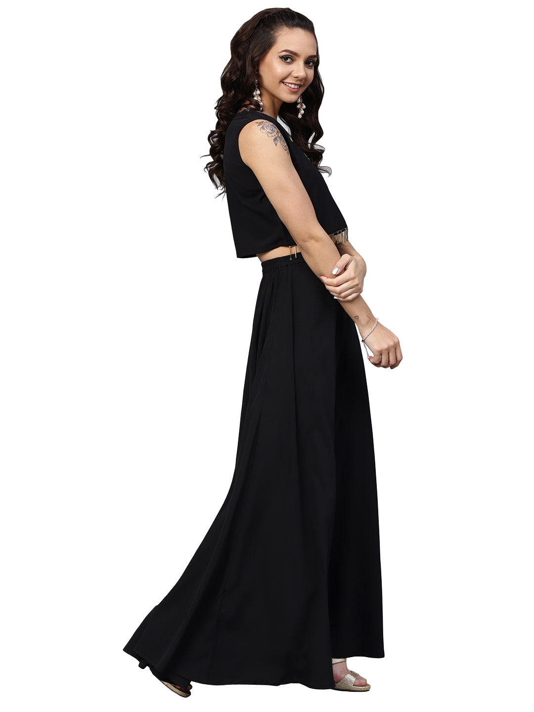 Women's Black Crepe Top Skirt With Jacket- Ahalyaa