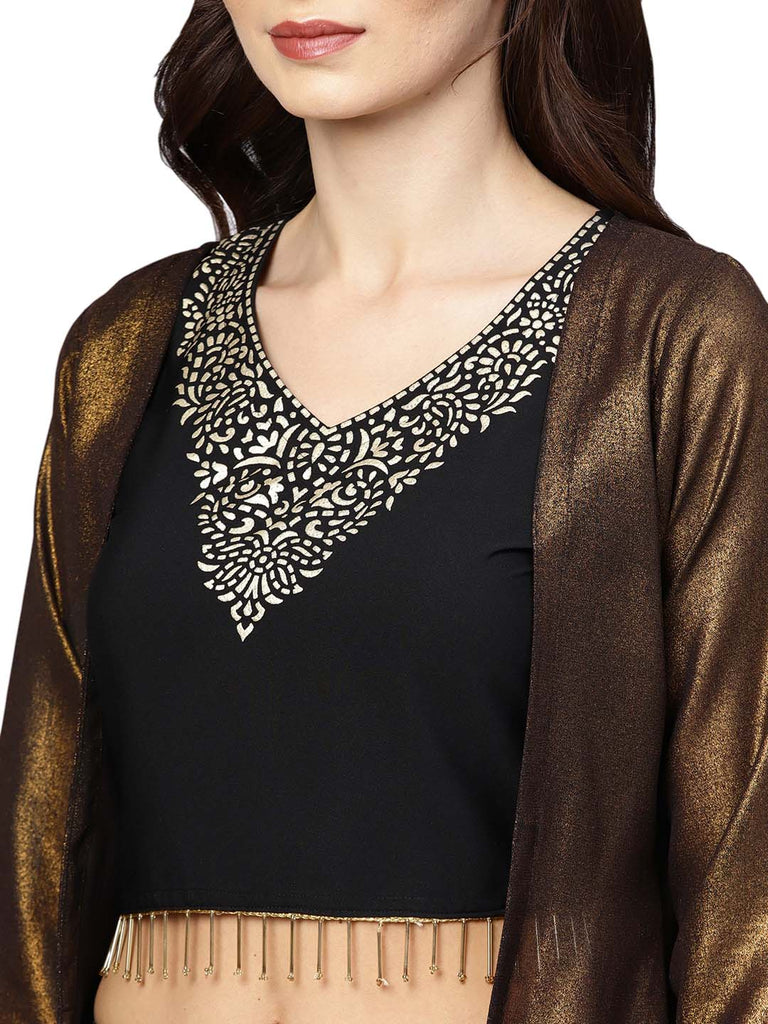 Women's Black Crepe Top Skirt With Jacke