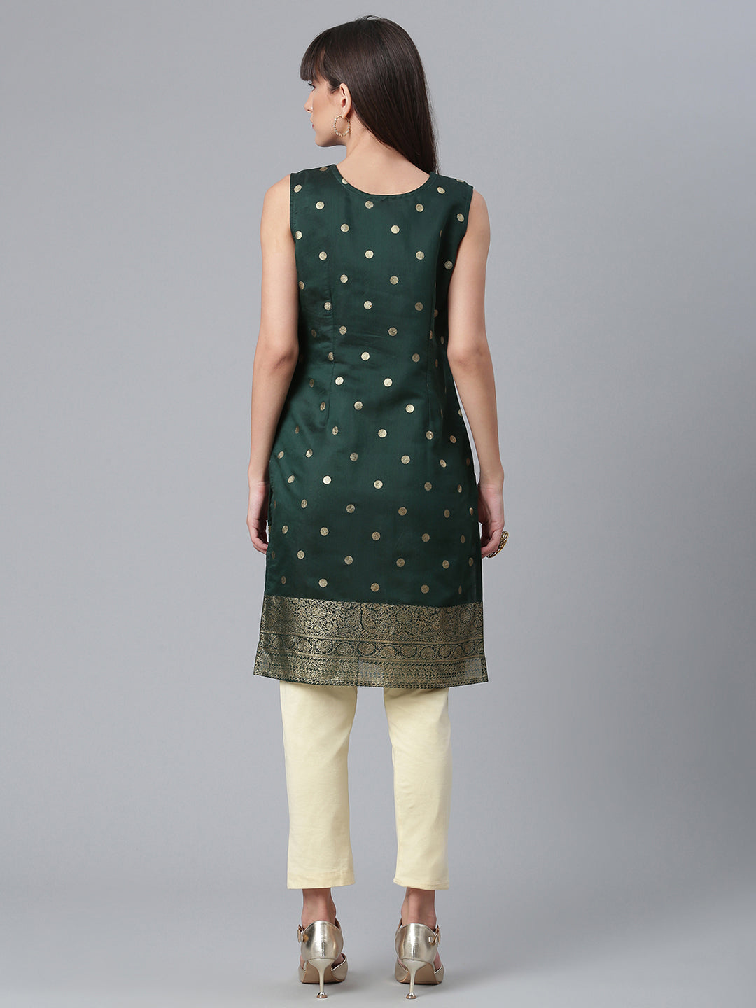 Women's Dark Green Chanderi Gold Foil Print Kurti- Ahalyaa
