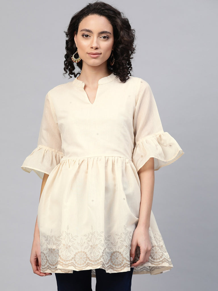 Women's Cream-Coloured Chanderi Ethnic Print Tuni