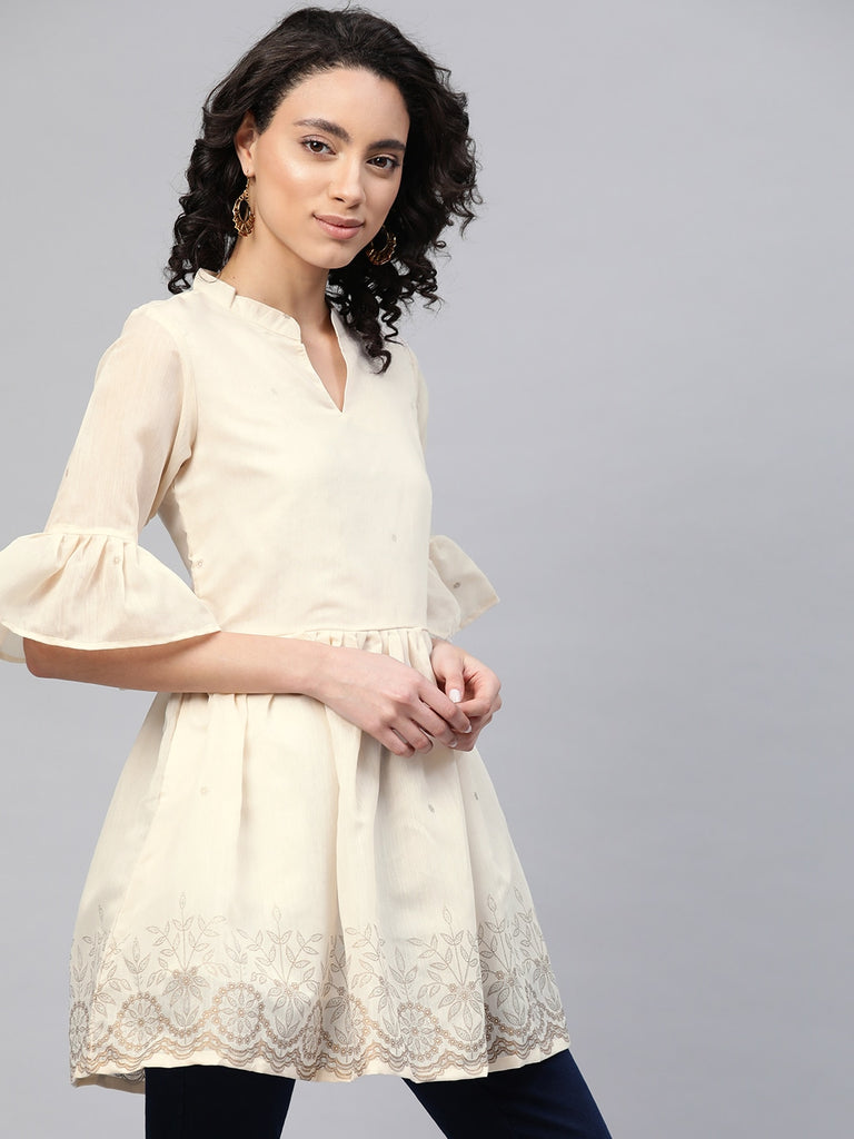Women's Cream-Coloured Chanderi Ethnic Print Tuni