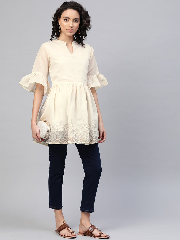 Women's Cream-Coloured Chanderi Ethnic Print Tuni