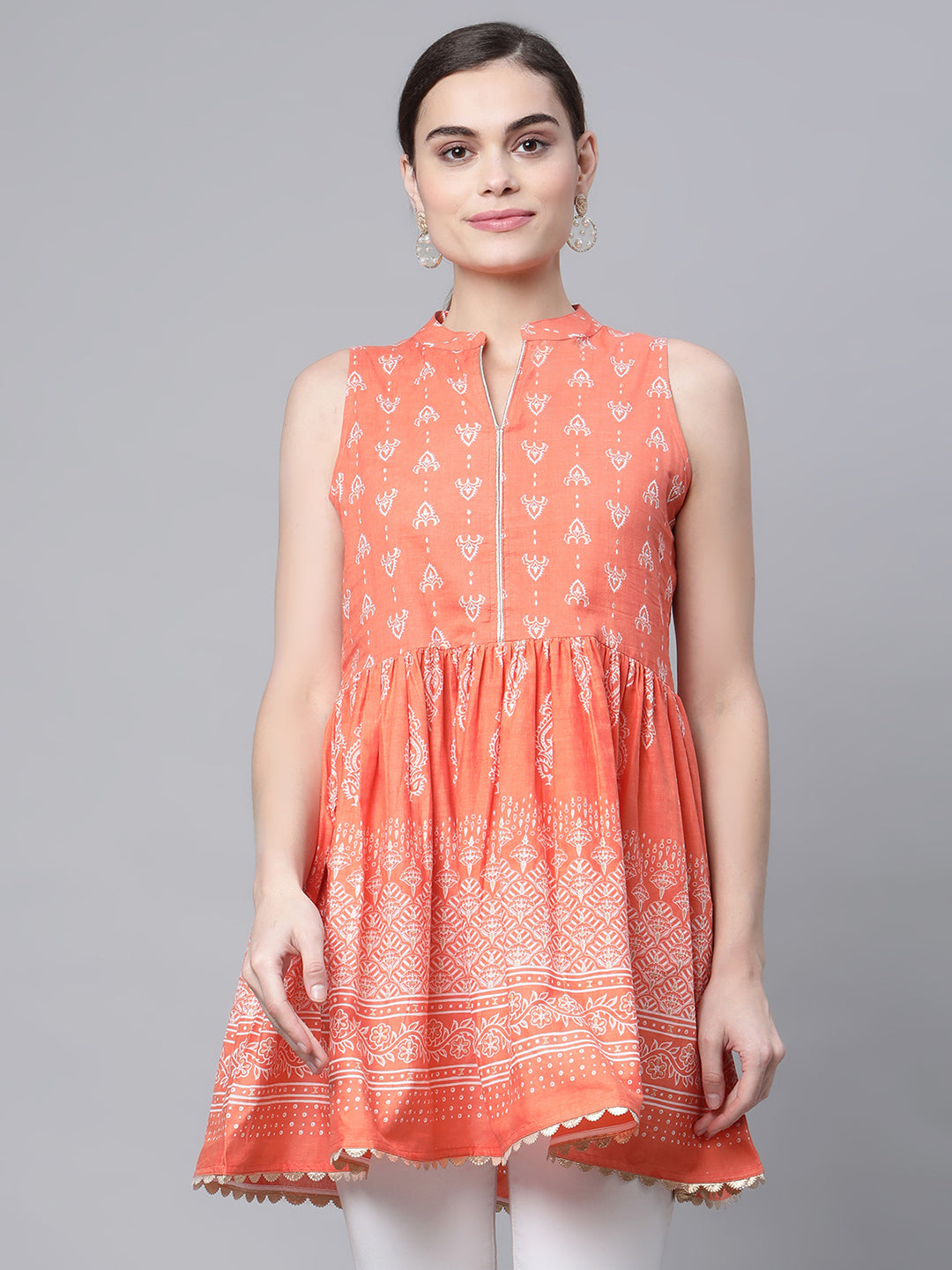 Women's Orange Cotton Porcian Print Tunic - Ahalyaa