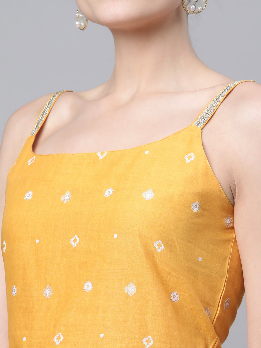 Women's Mustard Cotton Porcian Print Shoulder Straps Tunic - Ahalyaa