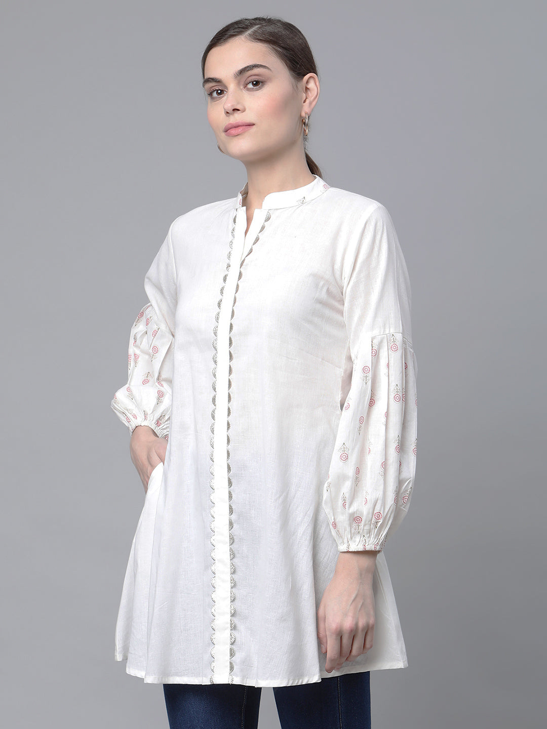 Women's Off White Cotton Printed Tunic - Ahalyaa