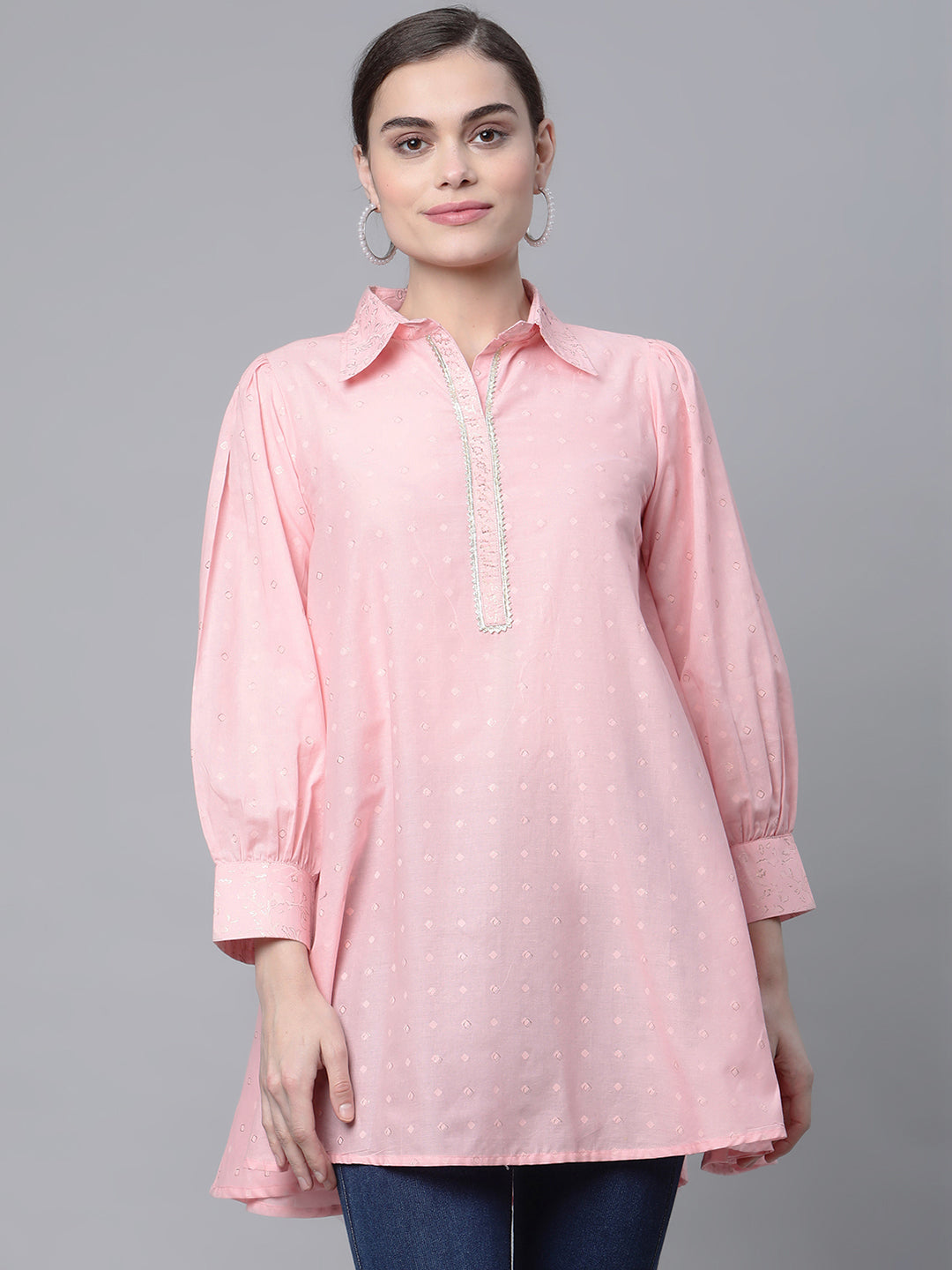 Women's Baby Pink Cotton Printed Tunic By Ahalyaa - 1 Pc