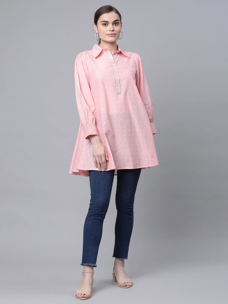 Women's Baby Pink Cotton Printed Tunic By Ahal