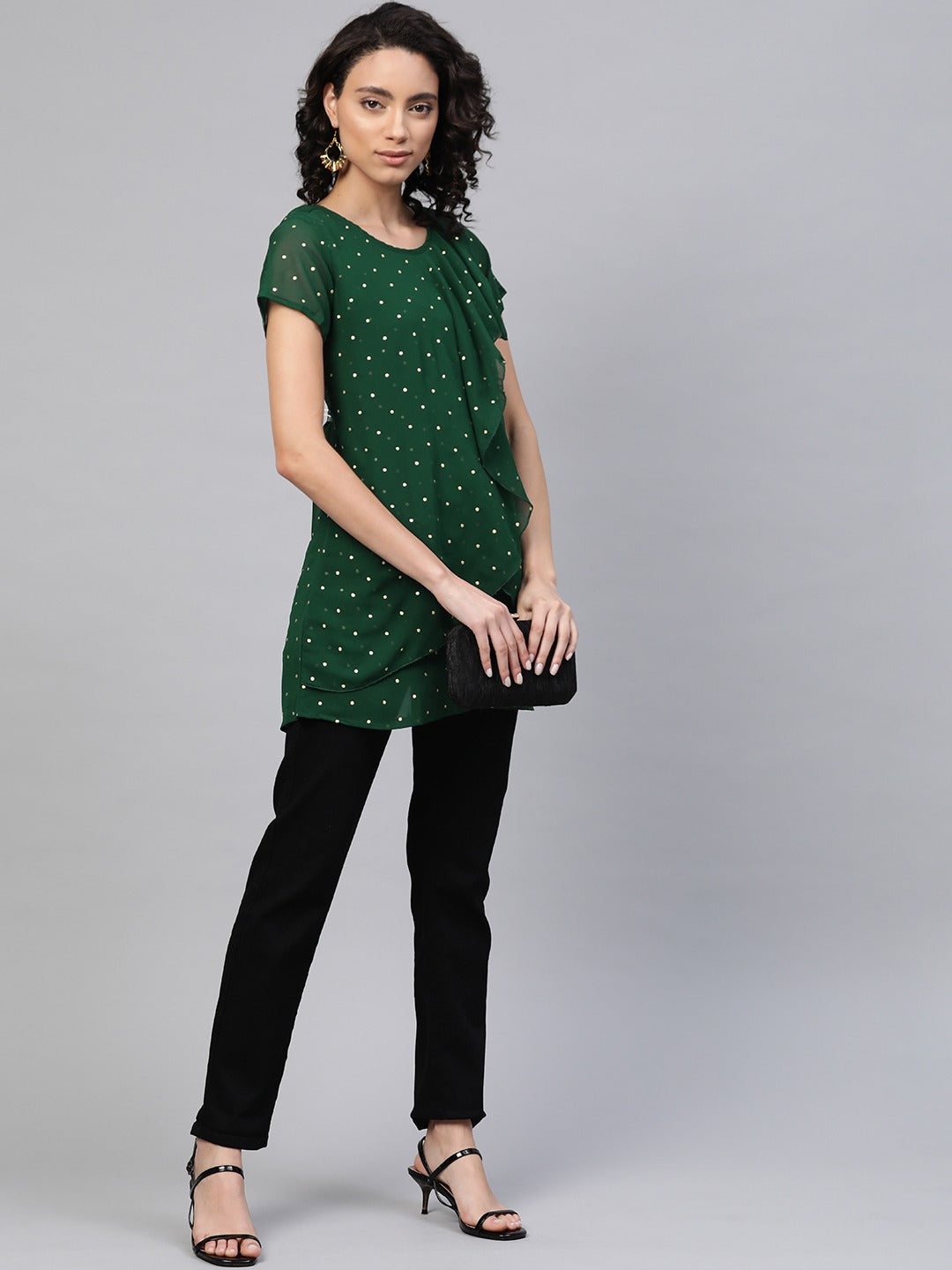 Women's Green Georgette Golden Polka Dots Print Layered Tunic- Ahalyaa