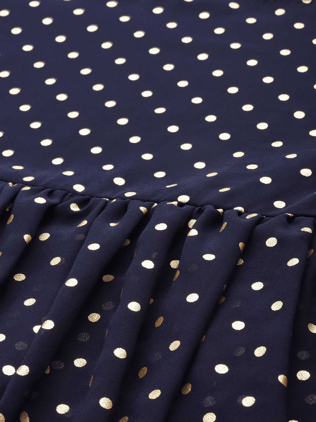 Women's Navy Blue Georgette Golden Polka Dots Print Tiered Tunic- Ahalyaa