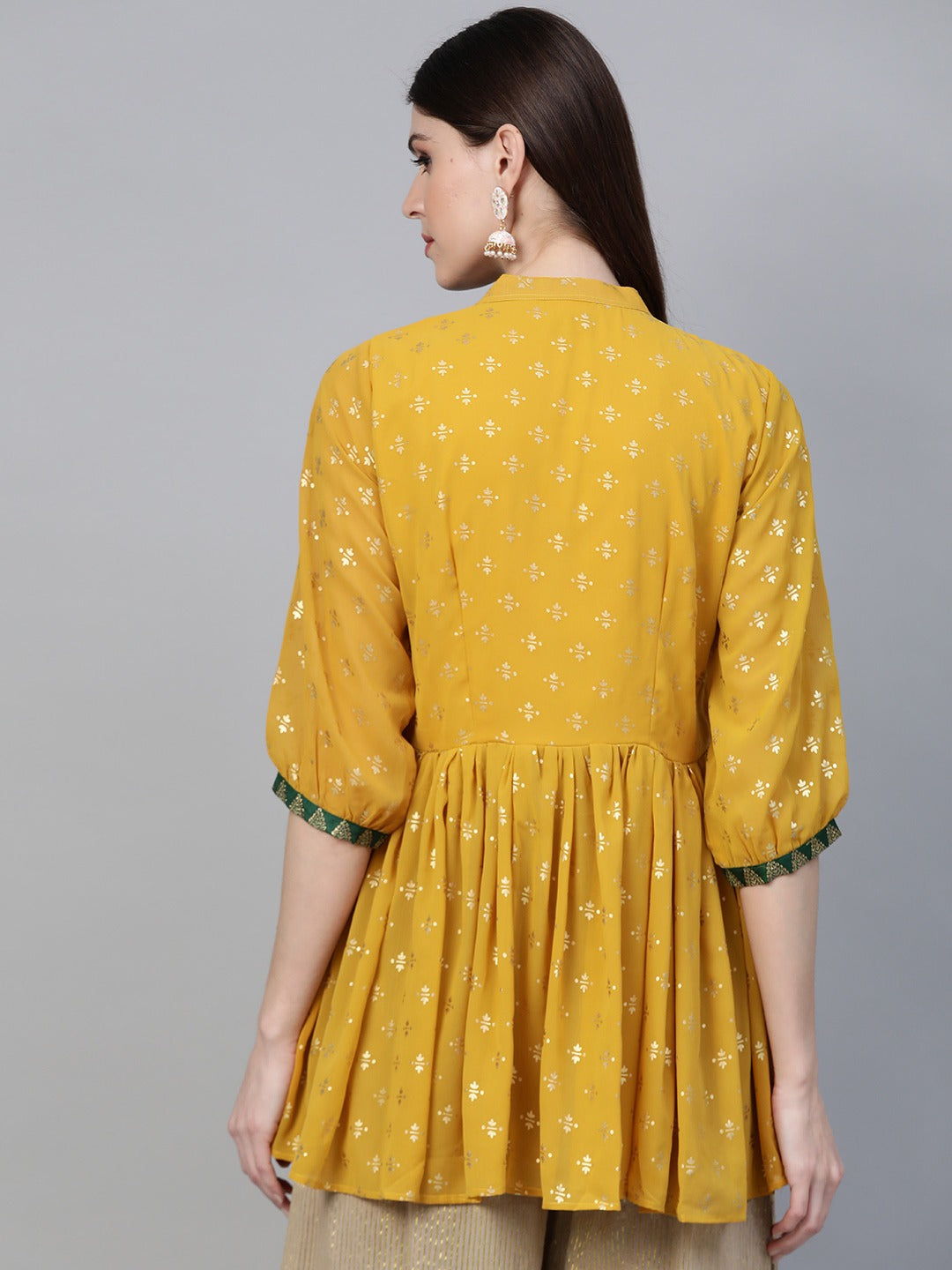 Women's Mustard Georgette Glitter Print Western Tunic- Ahalyaa